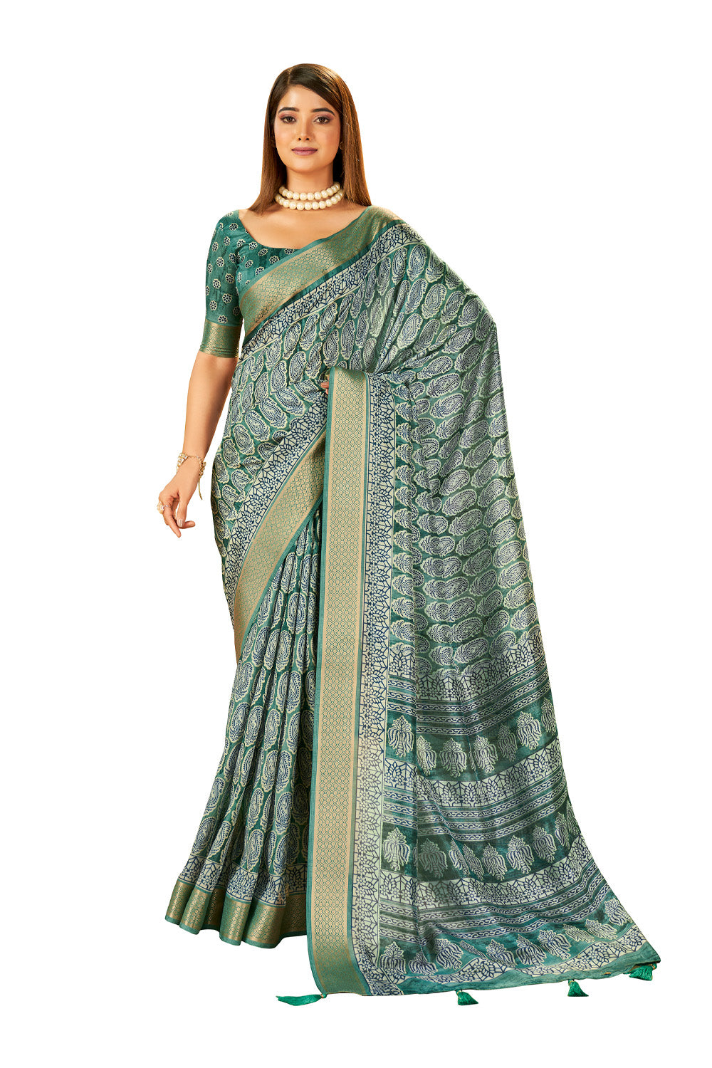 In-Sattva Women's Paisley Print Handloom Dola Silk Saree; Basil Green