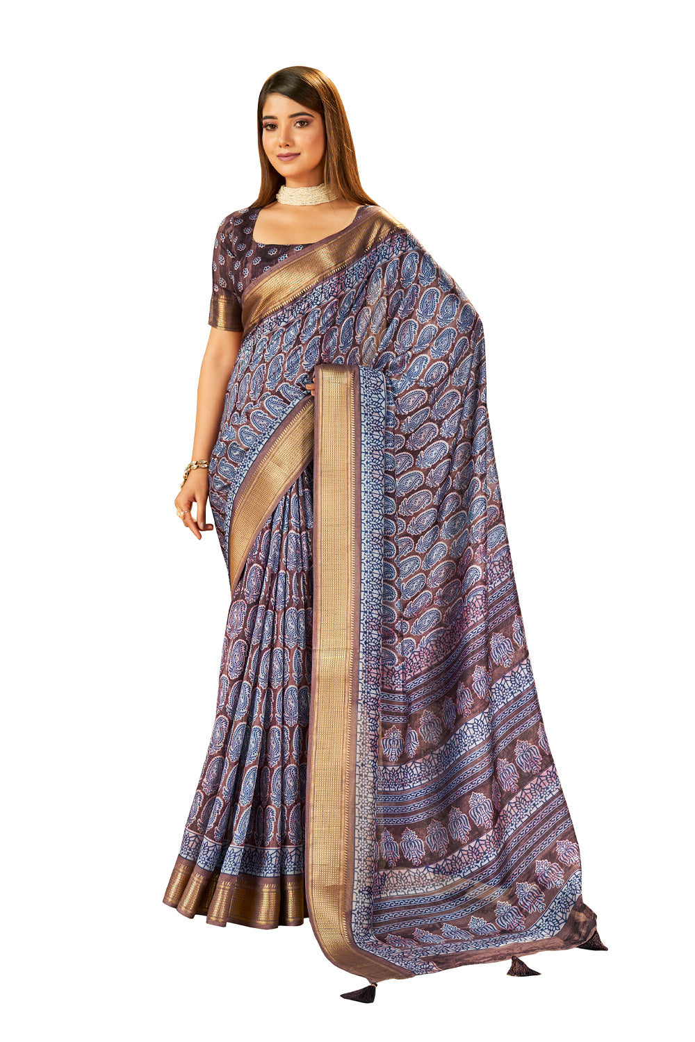 In-Sattva Women's Paisley Print Handloom Dola Silk Saree; Polished lavender