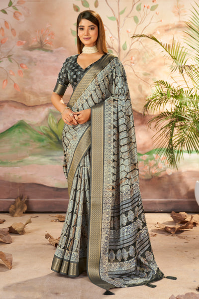 In-Sattva Women's Paisley Print Handloom Dola Silk Saree; Cobra Gray