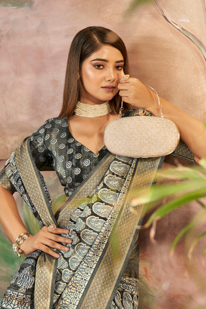 In-Sattva Women's Paisley Print Handloom Dola Silk Saree; Cobra Gray