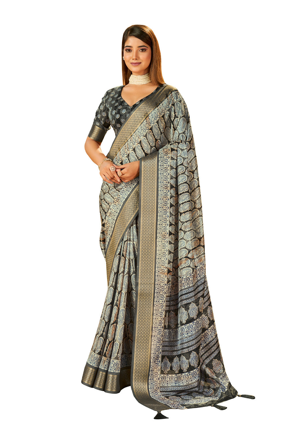 In-Sattva Women's Paisley Print Handloom Dola Silk Saree; Cobra Gray