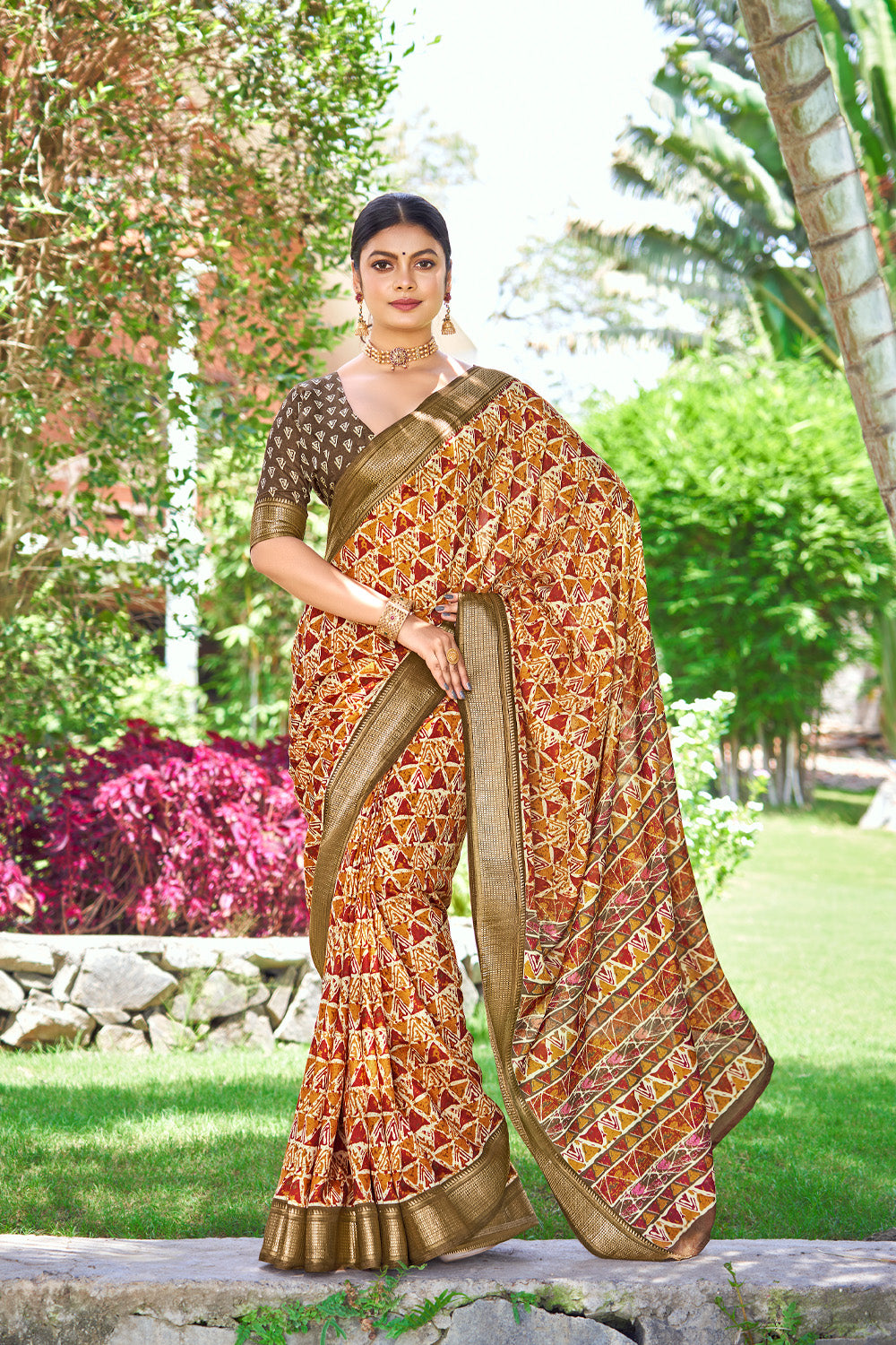 In-Sattva Women's Handloom Geometric Print Kalamkari Silk Saree; Geometric Brown