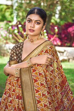 In-Sattva Women's Handloom Geometric Print Kalamkari Silk Saree; Geometric Brown