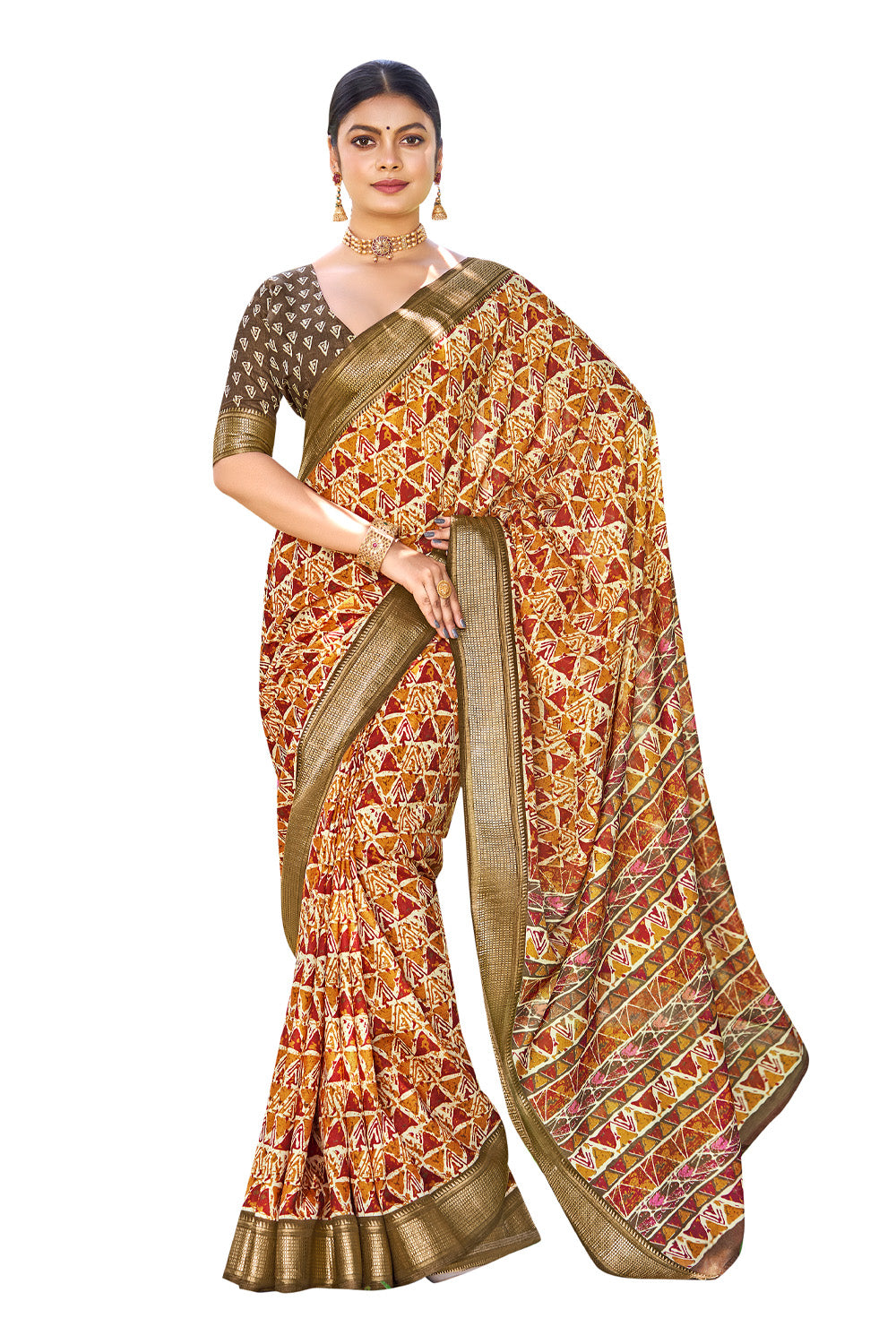 In-Sattva Women's Handloom Geometric Print Kalamkari Silk Saree; Geometric Brown