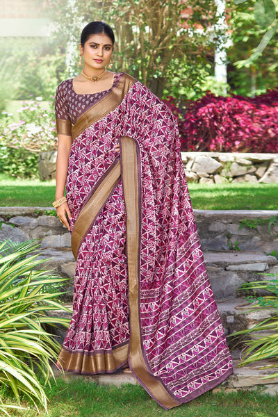 In-Sattva Women's Handloom Geometric Print Kalamkari Silk Saree; Ornate Lavender