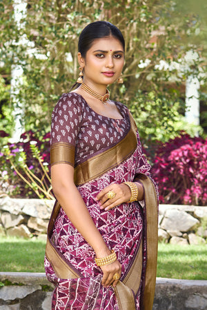 In-Sattva Women's Handloom Geometric Print Kalamkari Silk Saree; Ornate Lavender