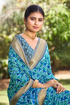 In-Sattva Women's Handloom Geometric Print Kalamkari Silk Saree; Dusk Blue