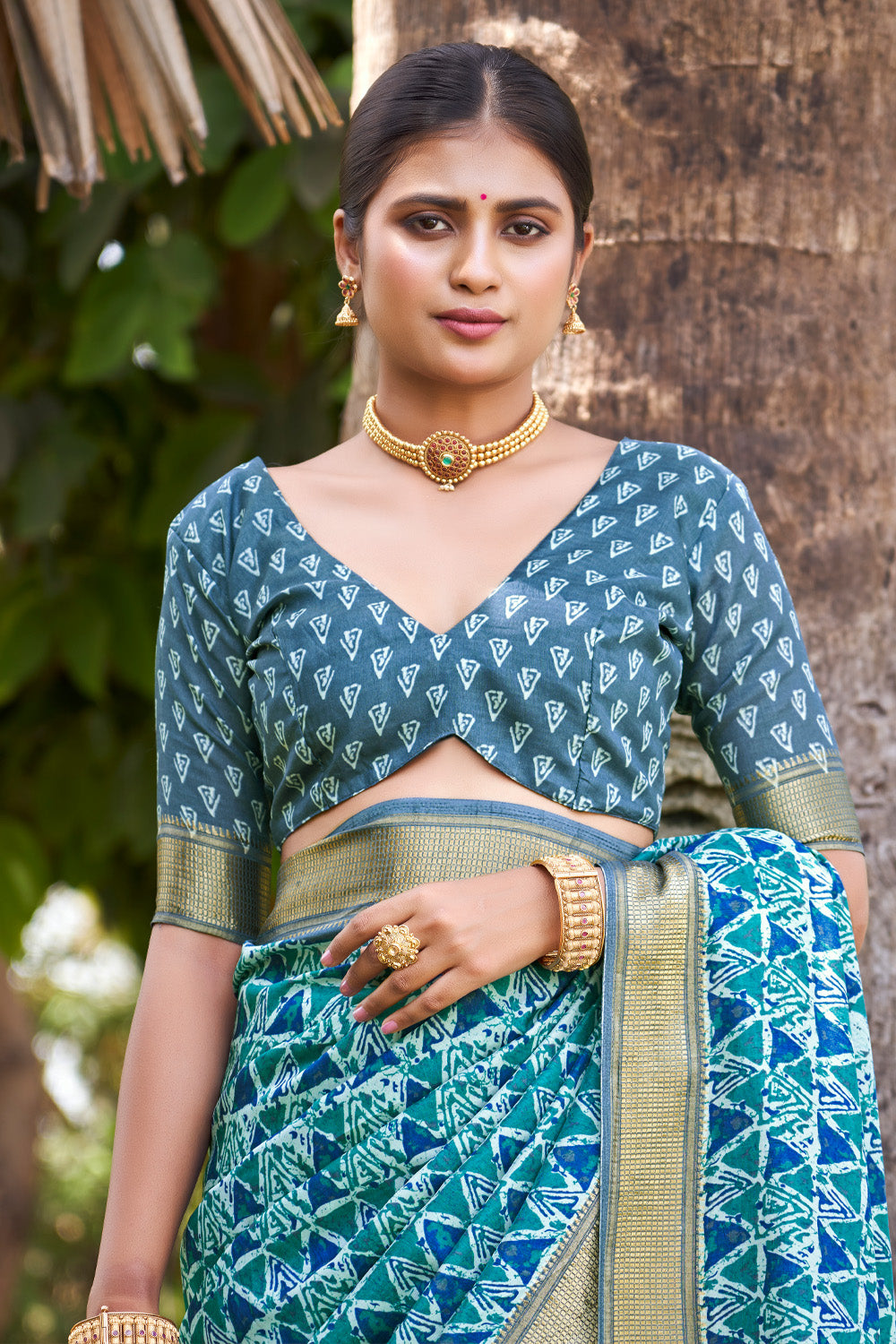 In-Sattva Women's Handloom Geometric Print Kalamkari Silk Saree; Dusk Blue
