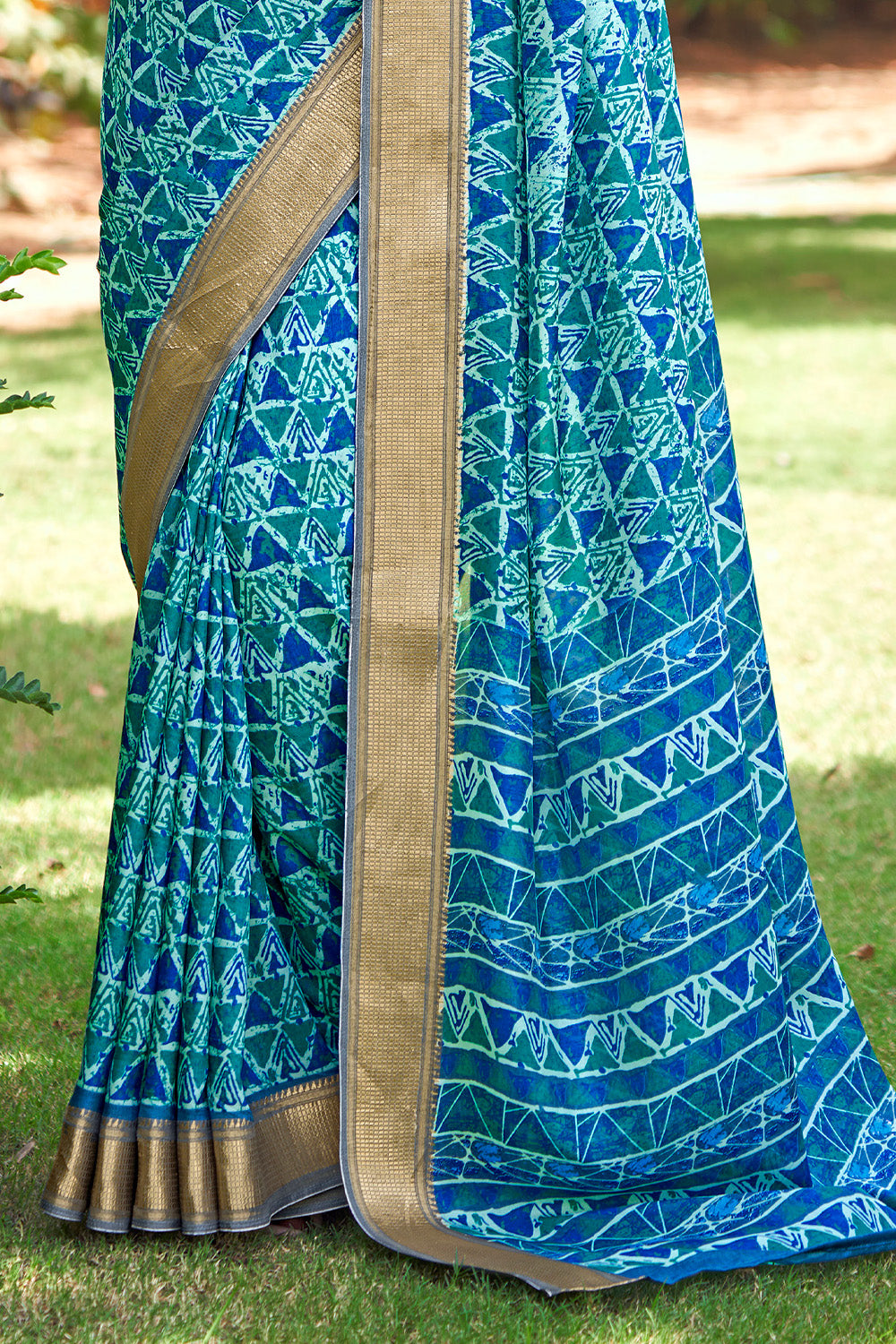 In-Sattva Women's Handloom Geometric Print Kalamkari Silk Saree; Dusk Blue