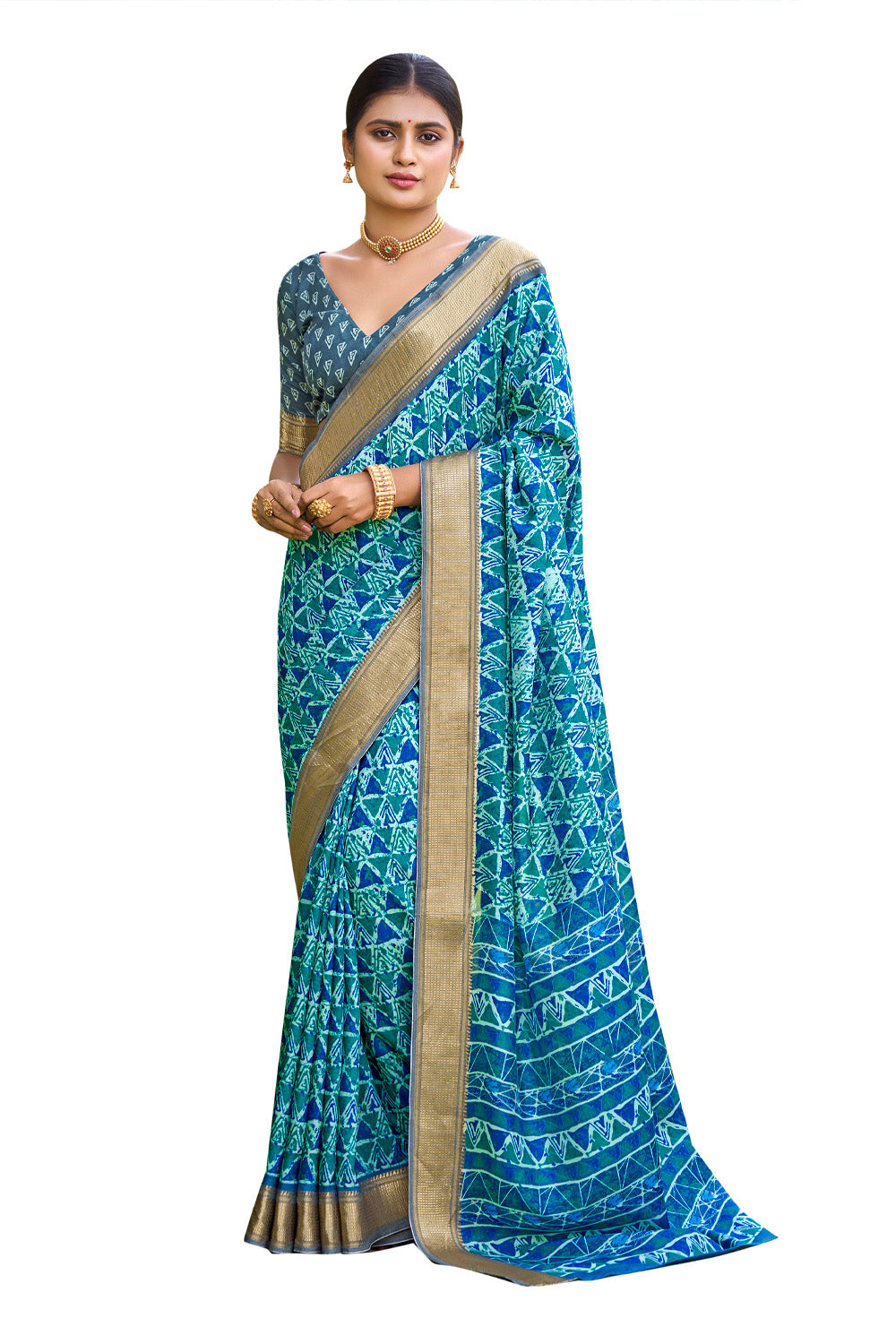 In-Sattva Women's Handloom Geometric Print Kalamkari Silk Saree; Dusk Blue