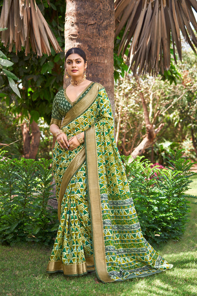 In-Sattva Women's Handloom Geometric Print Kalamkari Silk Saree; Kiwi Green