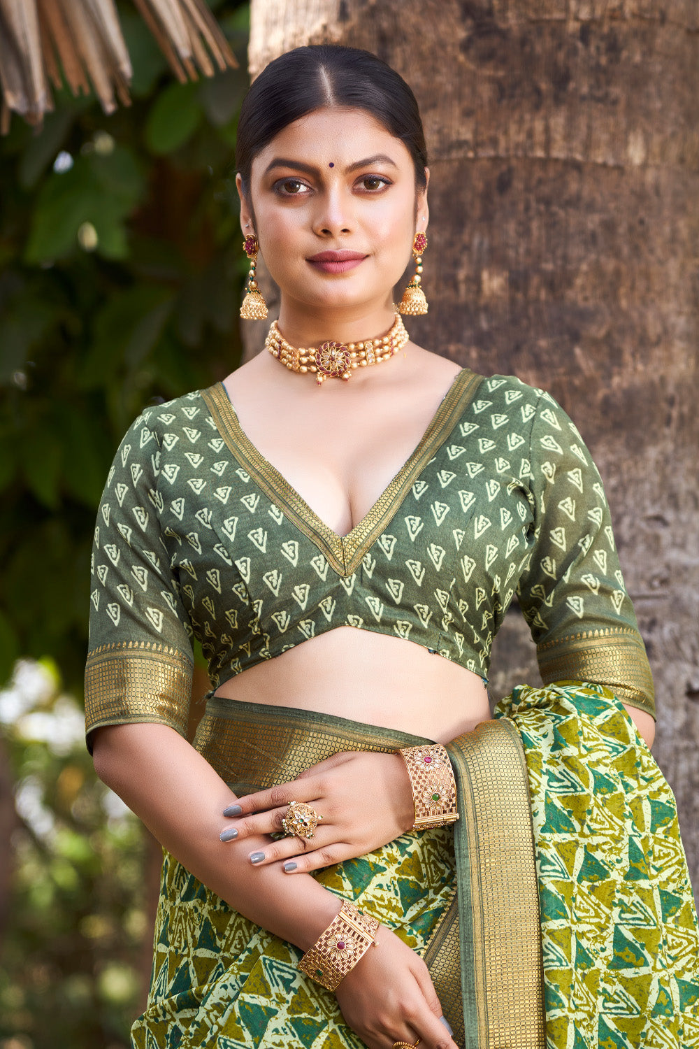 In-Sattva Women's Handloom Geometric Print Kalamkari Silk Saree; Kiwi Green