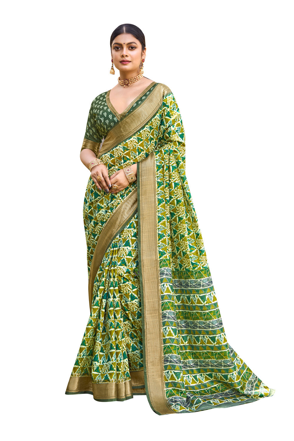 In-Sattva Women's Handloom Geometric Print Kalamkari Silk Saree; Kiwi Green