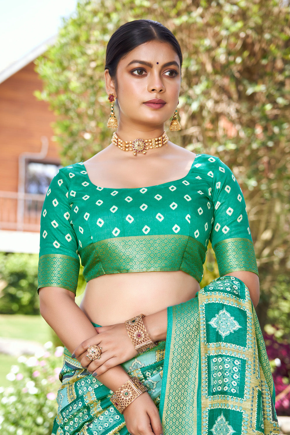 In-Sattva Women's Handloom Polka Dot Kalamkari Silk Saree; Mantis Green