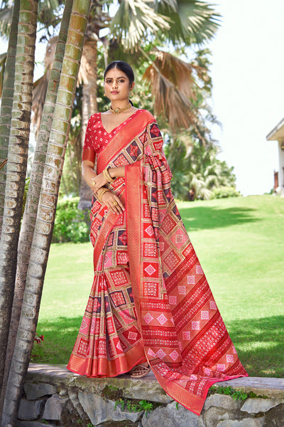 In-Sattva Women's Handloom Polka Dot Kalamkari Silk Saree; Polka Dot Red