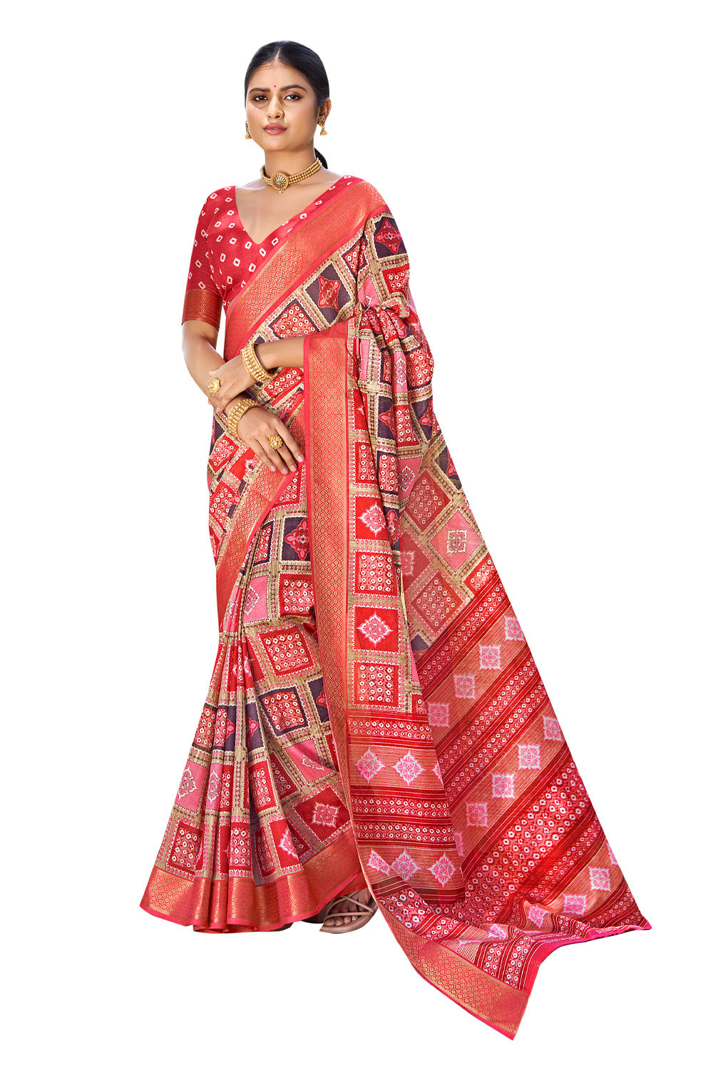 In-Sattva Women's Handloom Polka Dot Kalamkari Silk Saree; Polka Dot Red