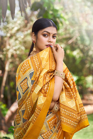 In-Sattva Women's Handloom Polka Dot Kalamkari Silk Saree; Saffron Gold