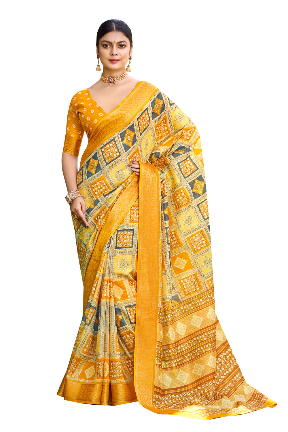In-Sattva Women's Handloom Polka Dot Kalamkari Silk Saree; Saffron Gold