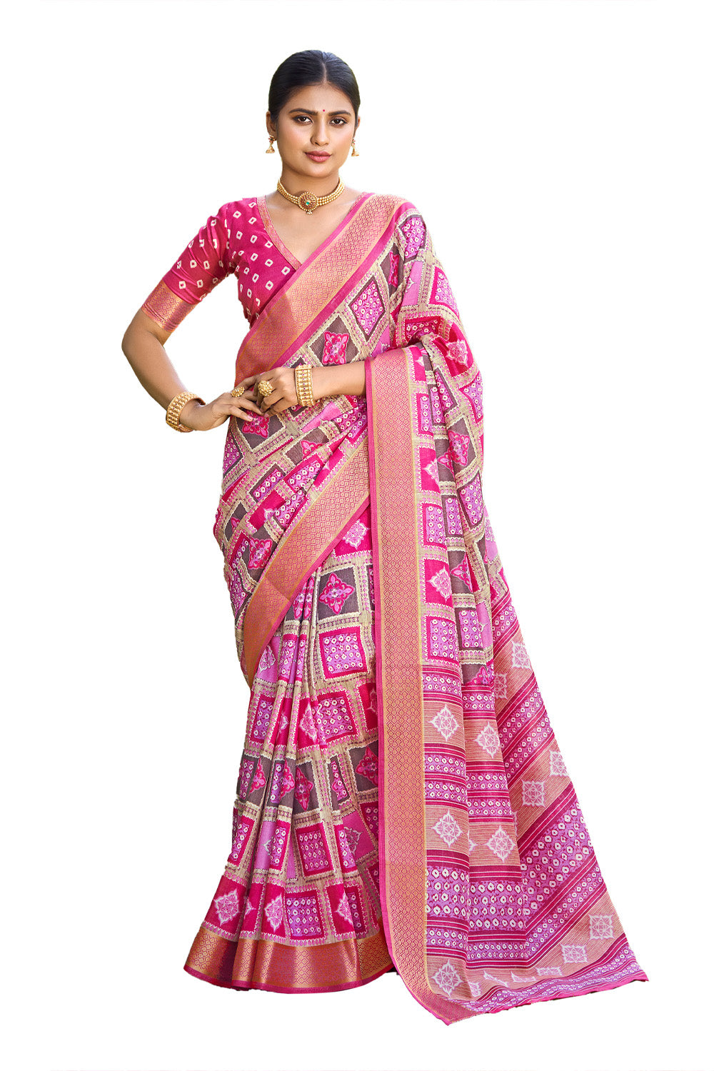 In-Sattva Women's Handloom Polka Dot Kalamkari Silk Saree; Block Pink