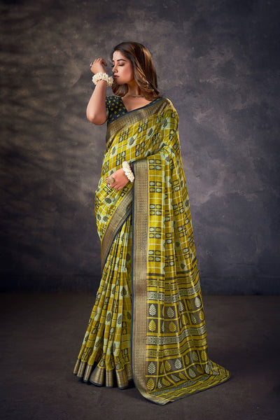 In-Sattva Women's Handloom Printed Kalamkari Silk Saree; Heritage Olive