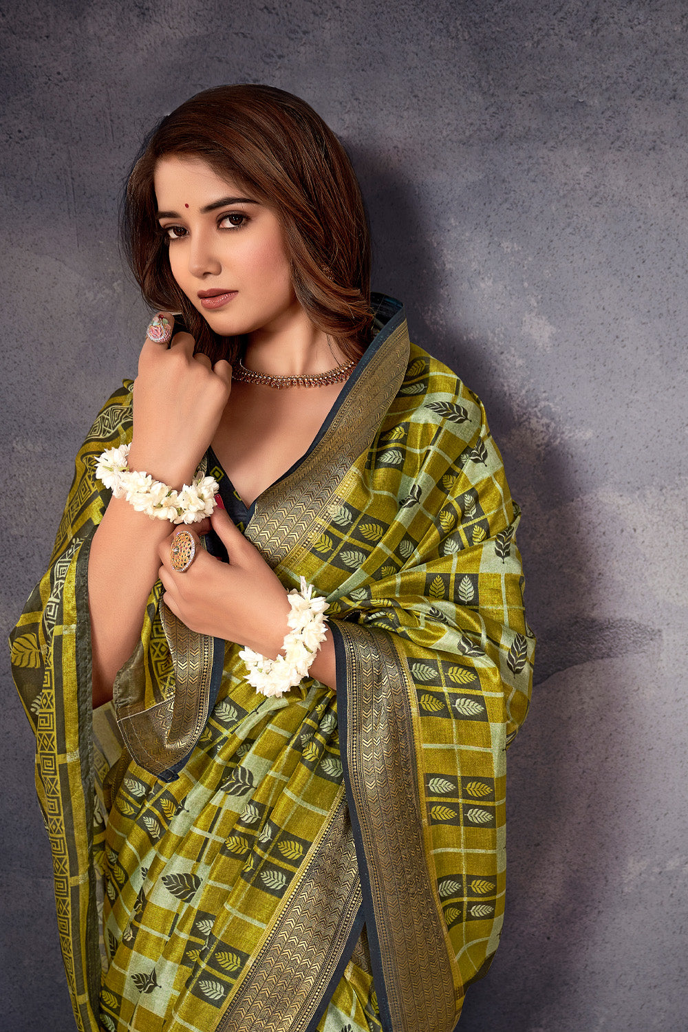 In-Sattva Women's Handloom Printed Kalamkari Silk Saree; Heritage Olive
