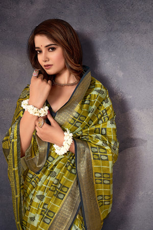 In-Sattva Women's Handloom Printed Kalamkari Silk Saree; Heritage Olive