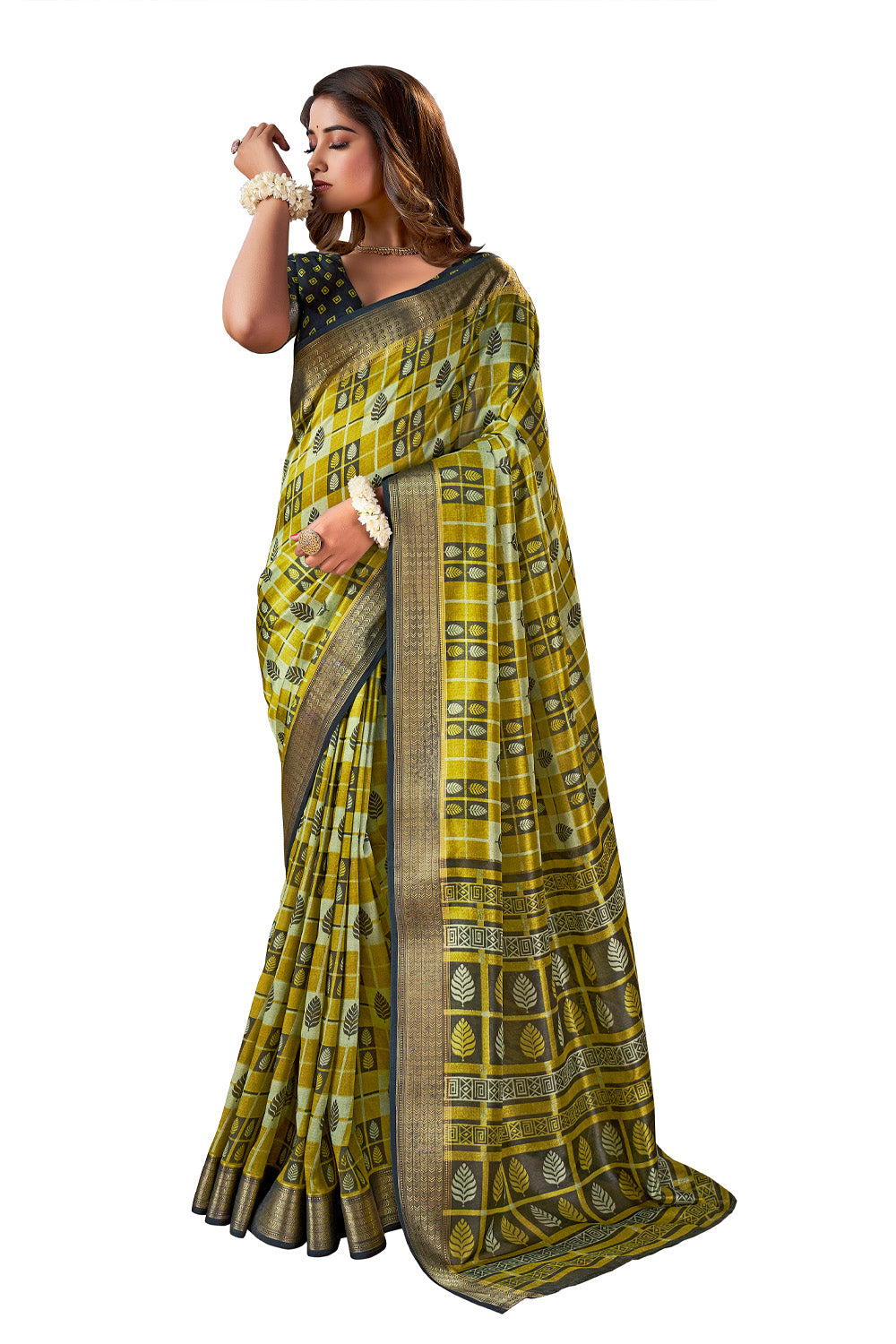 In-Sattva Women's Handloom Printed Kalamkari Silk Saree; Heritage Olive