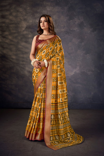 In-Sattva Women's Handloom Printed Kalamkari Silk Saree; Lemon Gold
