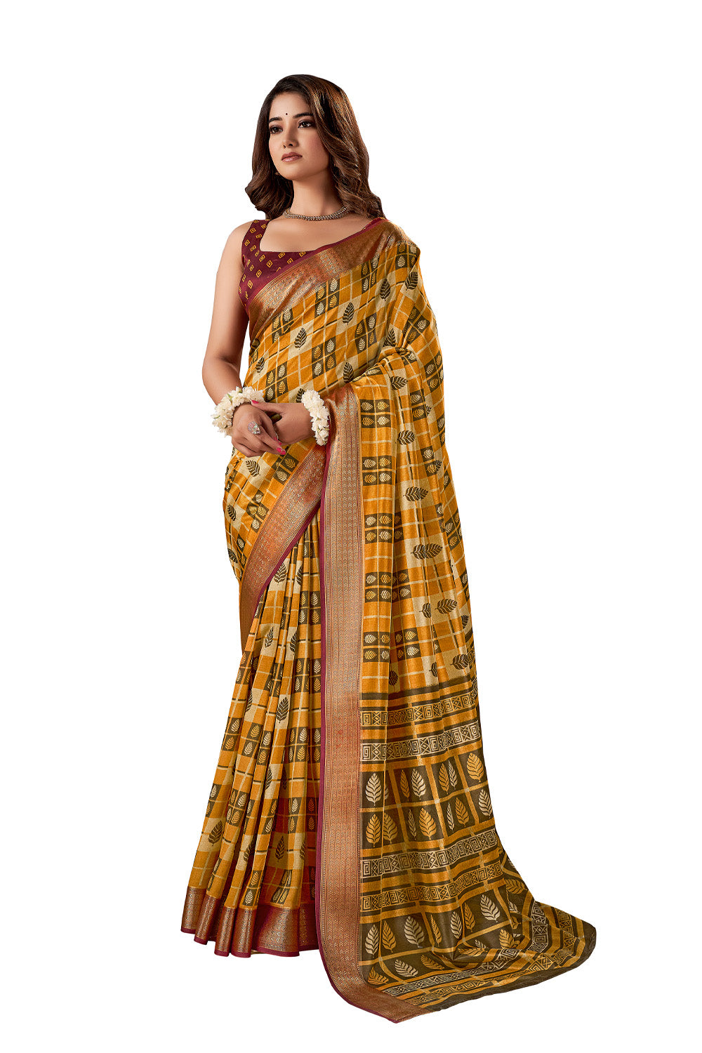 In-Sattva Women's Handloom Printed Kalamkari Silk Saree; Lemon Gold