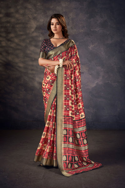 In-Sattva Women's Handloom Printed Kalamkari Silk Saree; Crimson Gold