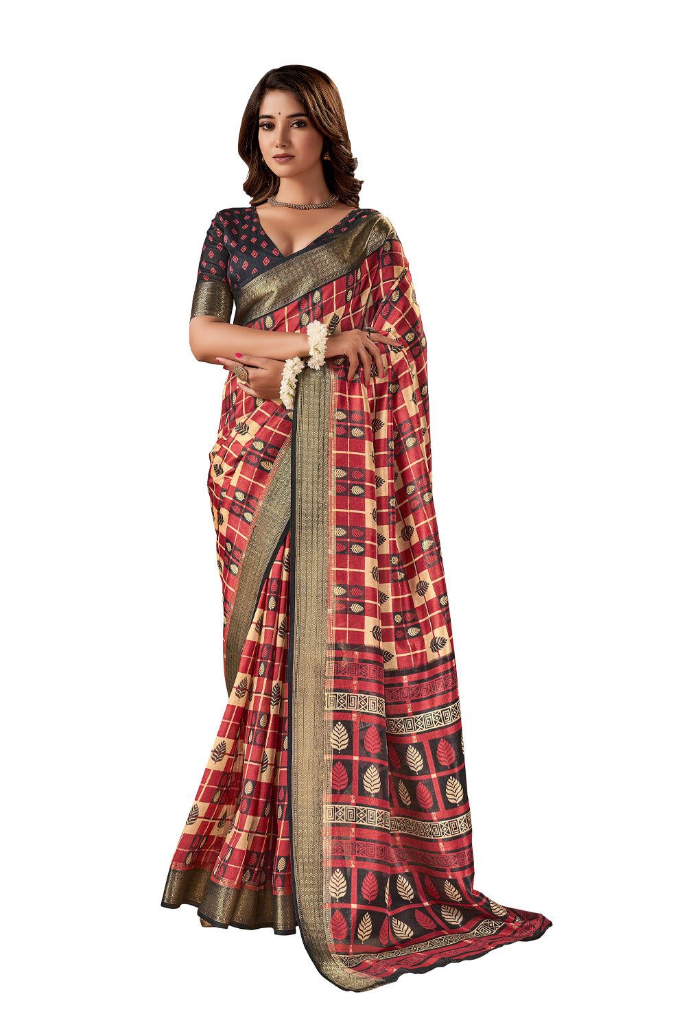 In-Sattva Women's Handloom Printed Kalamkari Silk Saree; Crimson Gold