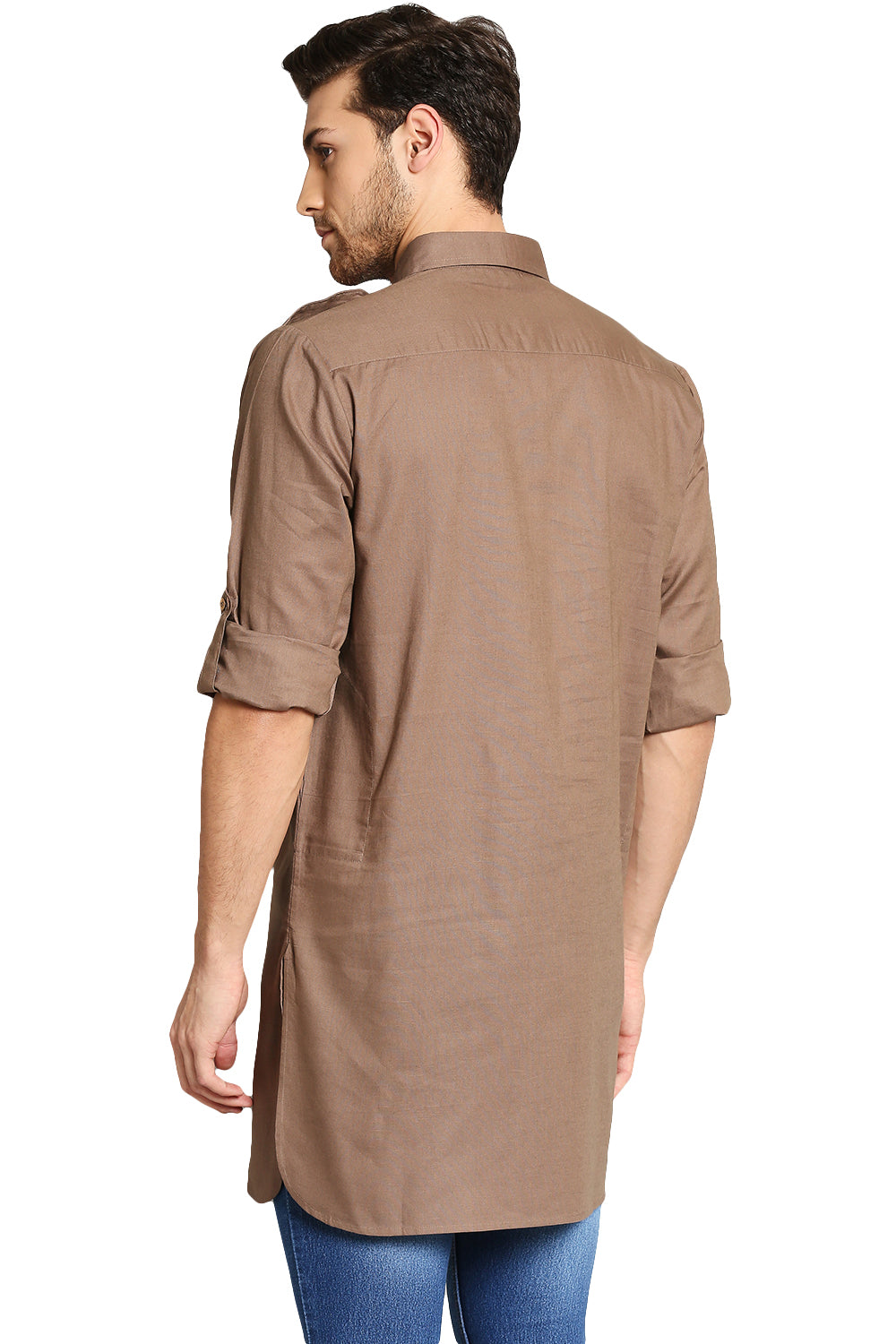 In-Sattva Men's Pullover Pathani Rollup Sleeve Kurta Tunic with Shoulder Strap Camel Brown