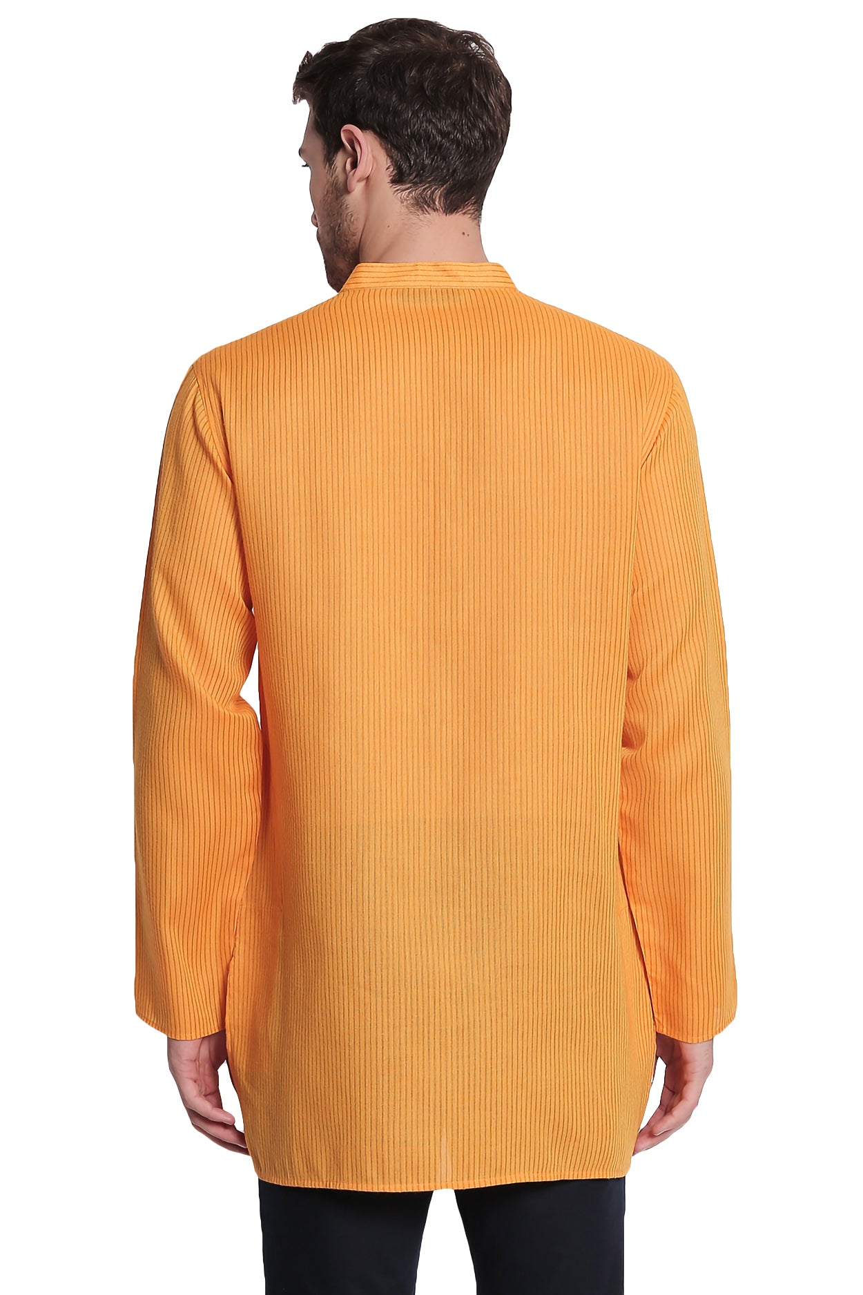 Shatranj Men's Indian Banded Collar Fine Stripe Kurta Tunic