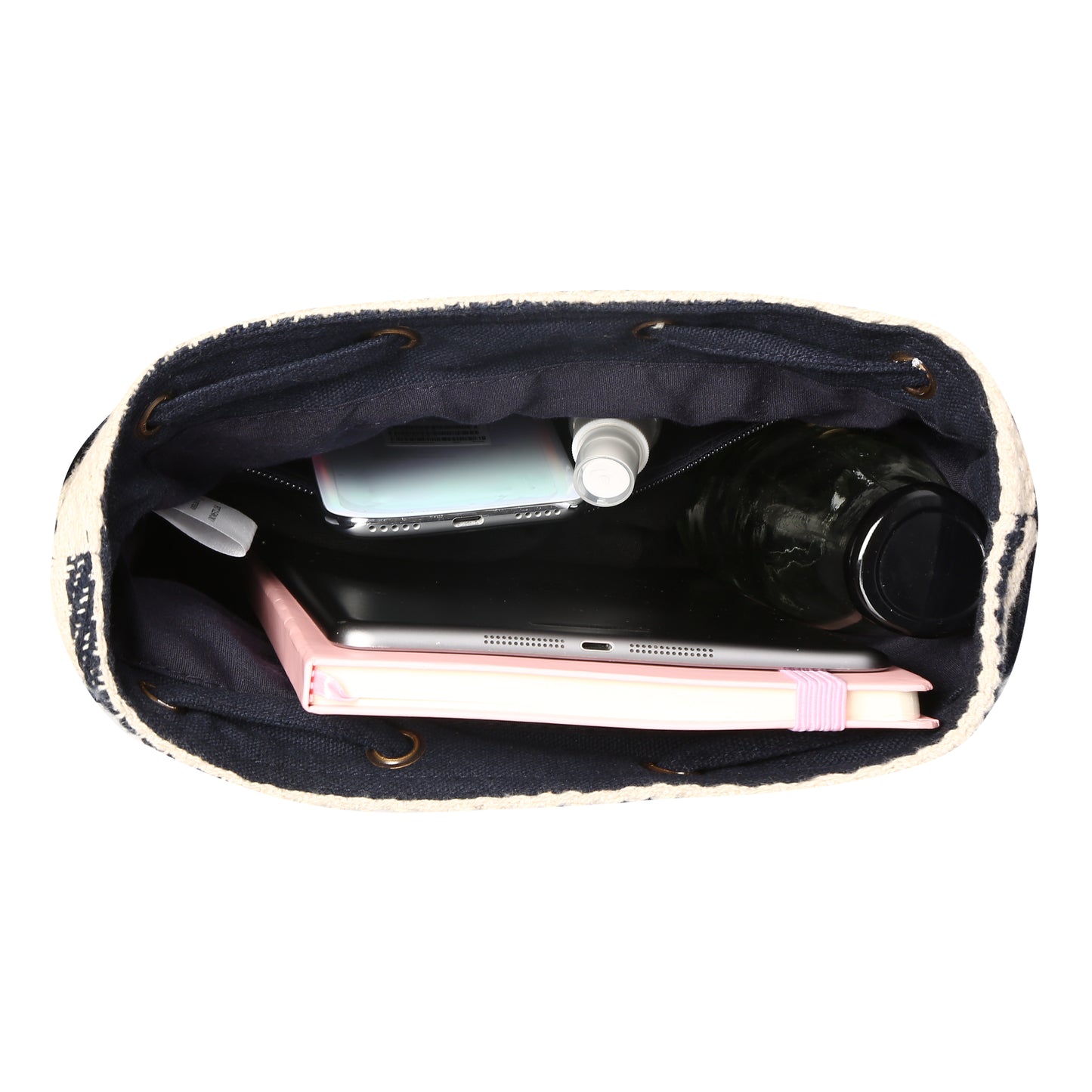 Women's Crossbody Cream and Navy Blue Striped Bucket Bag