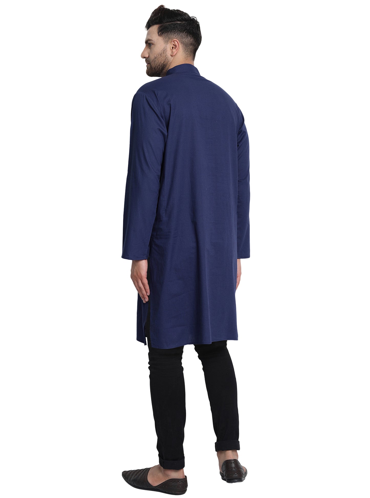 In-Sattva Men's Navy Blue Long Indian Kurta Tunic Pure Cotton, Full Back View