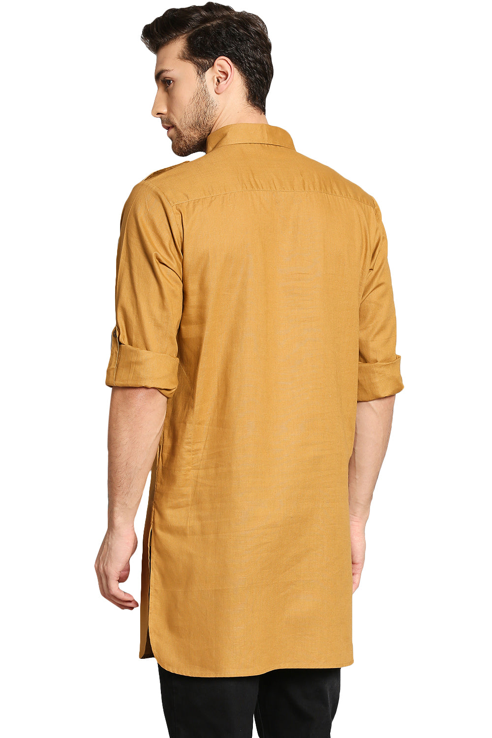 In-Sattva Men's Pullover Pathani Rollup Sleeve Kurta Tunic with Shoulder Strap Mustard