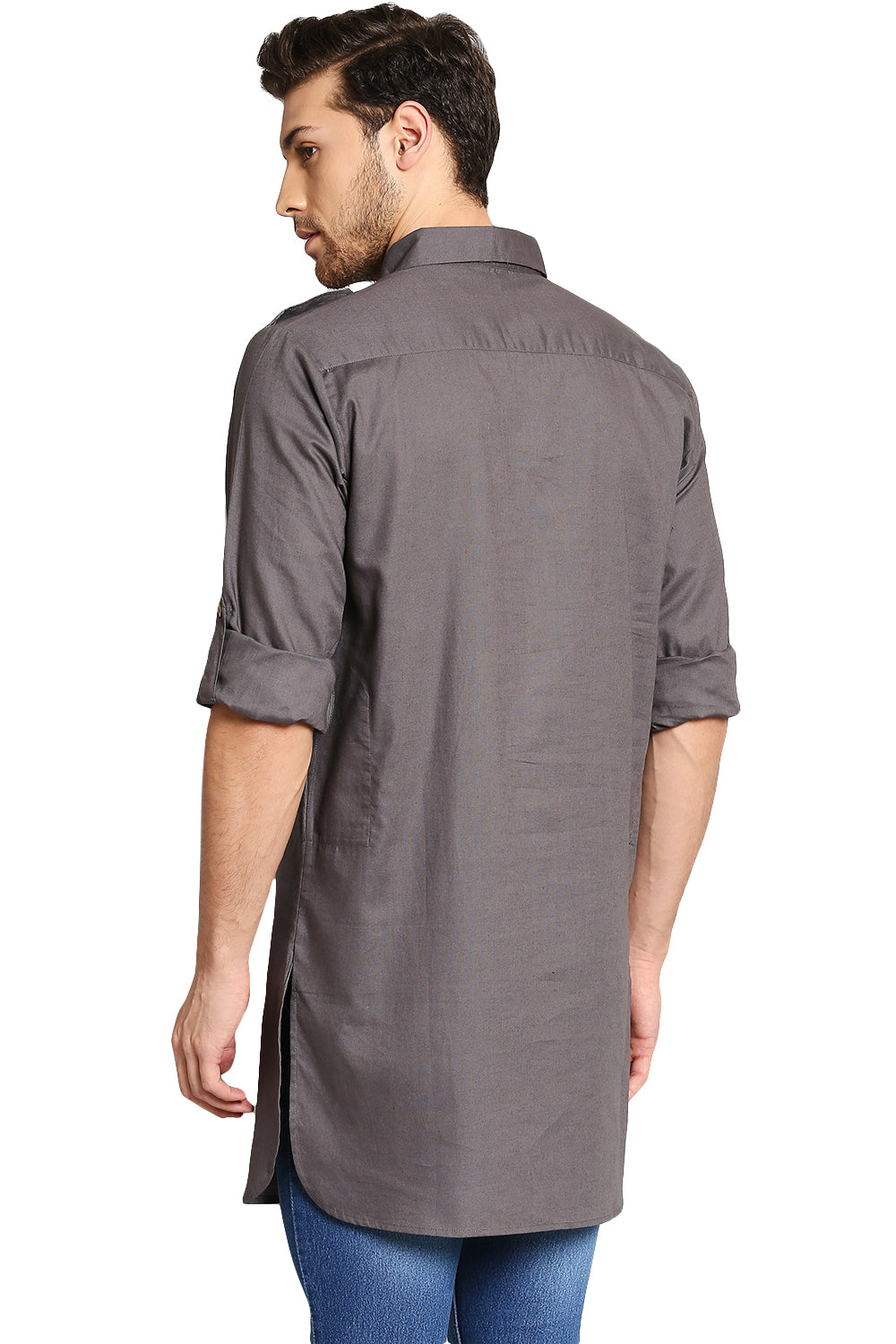 In-Sattva Men's Pullover Pathani Rollup Sleeve Kurta Tunic with Shoulder Strap Grey