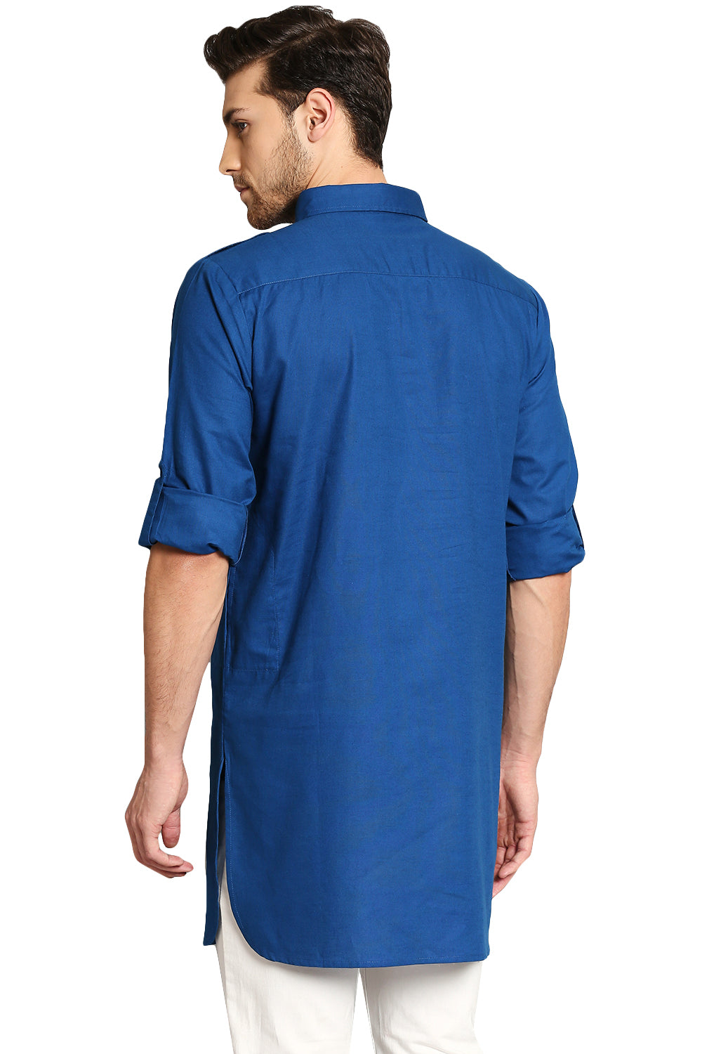 In-Sattva Men's Pullover Pathani Rollup Sleeve Kurta Tunic with Shoulder Strap - Ink Blue