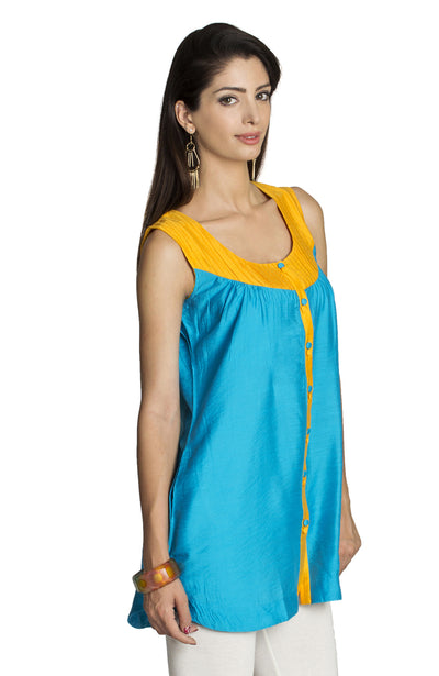 MOHR Women's Blue Sleeveless Tunic Shirt with Pintuck Yoke Ì´Ì_ÌÎÌÌÎÌ¥ Side