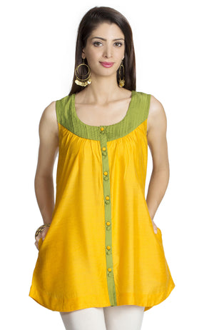 MOHR Women's Yellow Sleeveless Tunic Shirt with Pintuck Yoke Ì´Ì_ÌÎÌÌÎÌ¥ Front
