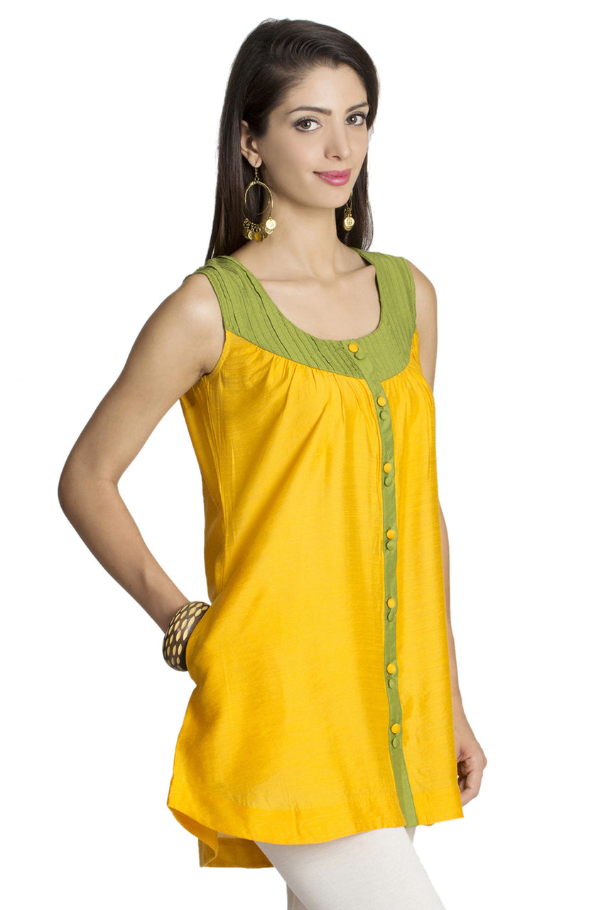 MOHR Women's Yellow Sleeveless Tunic Shirt with Pintuck Yoke Ì´Ì_ÌÎÌÌÎÌ¥ Side
