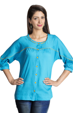 MOHR Women's Blue Tunic Shirt with Three-Quarter Sleeves Ì´Ì_ÌÎÌÌÎÌ¥ Front
