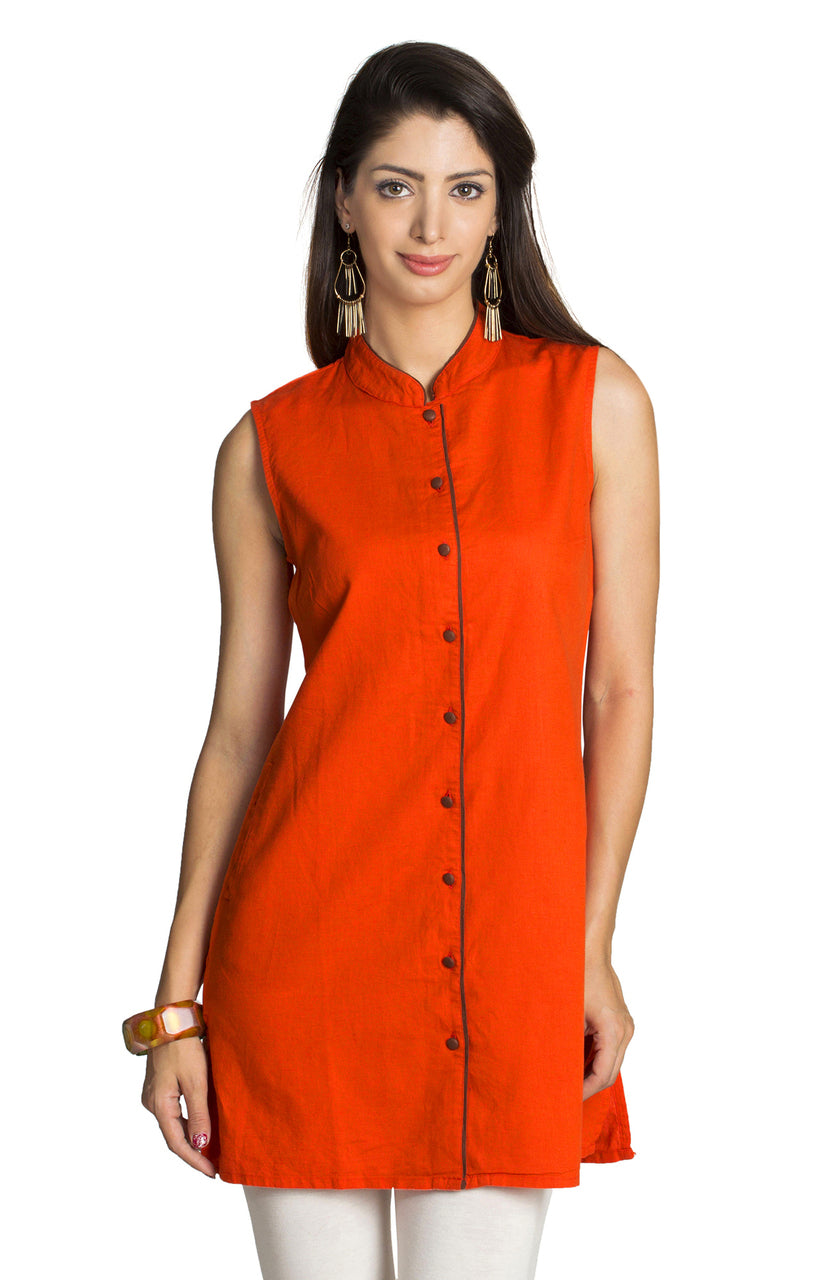 MOHR Women's Dark Orange Tunic Shirt with Mandarin Collar Ì´Ì_ÌÎÌÌÎÌ¥ Front