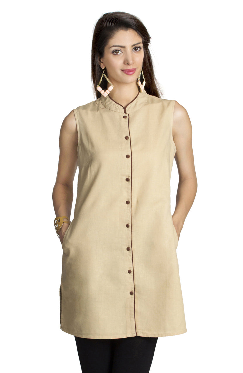MOHR Women's Beige Tunic Shirt with Mandarin Collar Ì´Ì_ÌÎÌÌÎÌ¥ Front