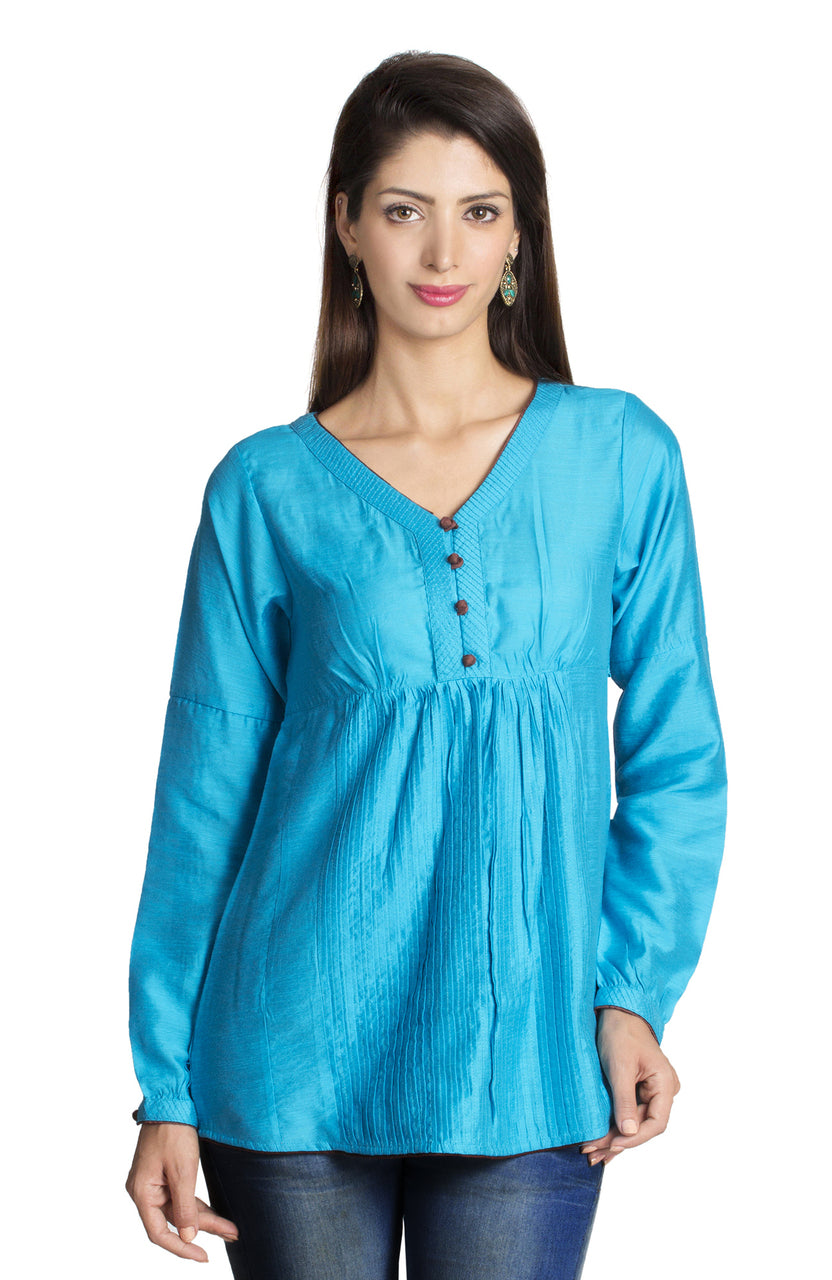 MOHR Women's Blue Tunic Shirt with V-Neck and Full Length Sleeves Ì´Ì_ÌÎÌÌÎÌ¥ Front
