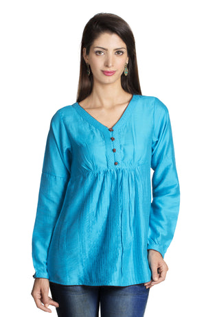 MOHR Women's Blue Tunic Shirt with V-Neck and Full Length Sleeves Ì´Ì_ÌÎÌÌÎÌ¥ Front