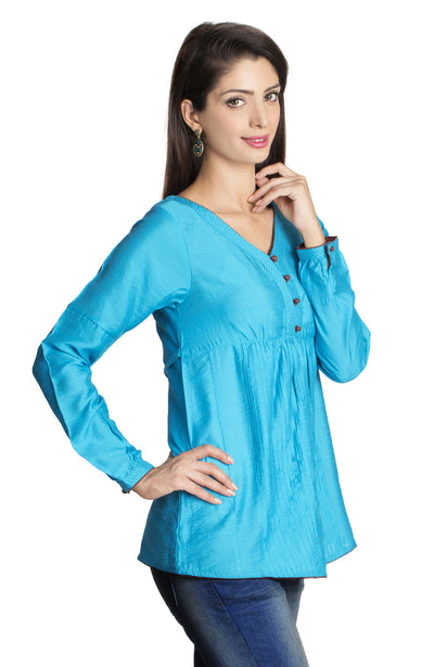MOHR Women's Blue Tunic Shirt with V-Neck and Full Length Sleeves Ì´Ì_ÌÎÌÌÎÌ¥ Side