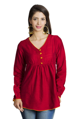 MOHR Women's Red Tunic Shirt with V-Neck and Full Length Sleeves Ì´Ì_ÌÎÌÌÎÌ¥ Front