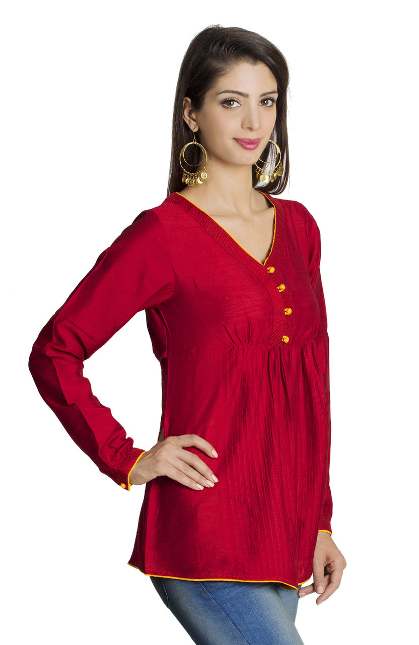 MOHR Women's Red Tunic Shirt with V-Neck and Full Length Sleeves Ì´Ì_ÌÎÌÌÎÌ¥ Side