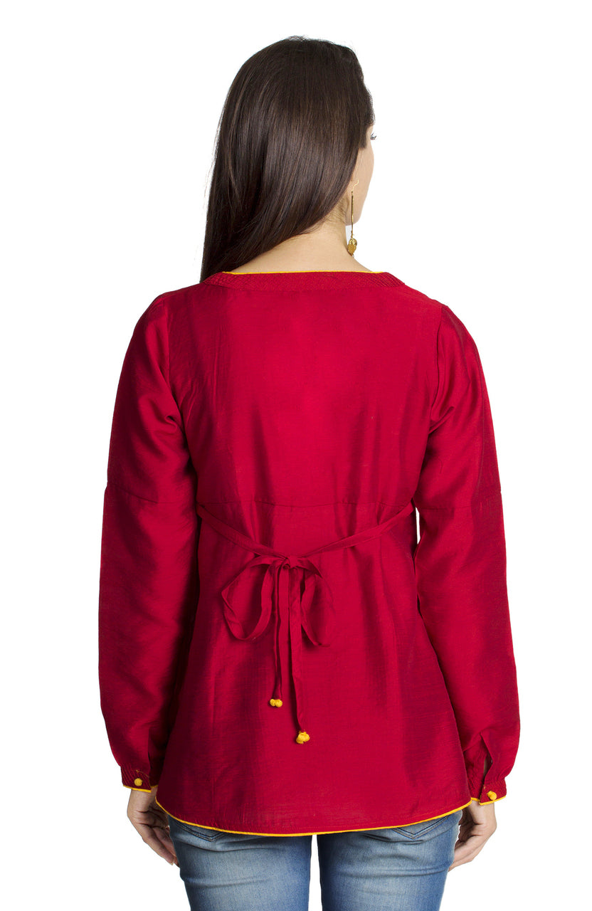 MOHR Women's Red Tunic Shirt with V-Neck and Full Length Sleeves Ì´Ì_ÌÎÌÌÎÌ¥ Back